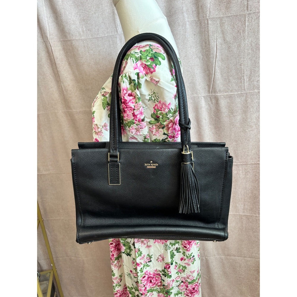 Kate Spade Black Pebbled Leather Tassel Tote Bag Triple Compartment Satchel